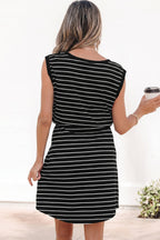Stripe Drawstring Waist Pocketed Mini Dress