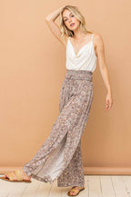 And The Why Printed Smocked Waist Slit Wide Leg Pants - VacationGrabs
