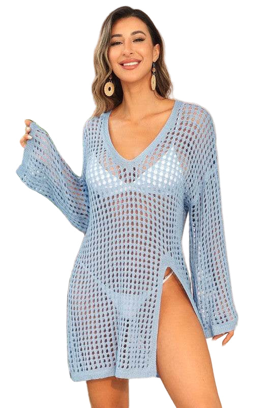 Crochet Side Split Beach Coverups Swimwear Dress - VacationGrabs