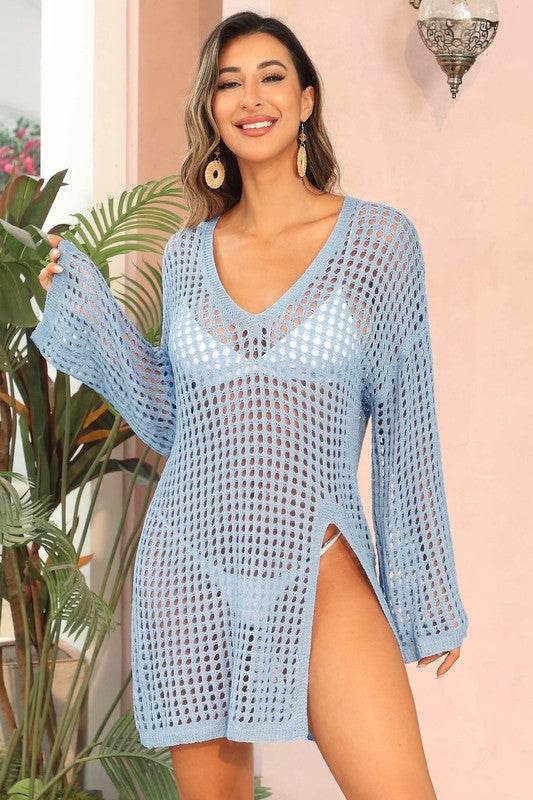 Crochet Side Split Beach Coverups Swimwear Dress - VacationGrabs