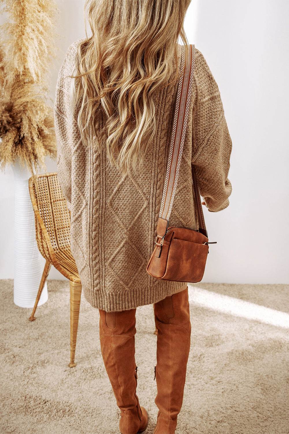 Parchment Cable Knit Drop Shoulder Loose Fit Sweater Dress - VacationGrabs