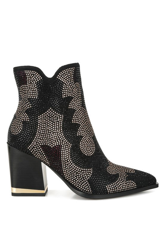 Women's Shoes - BootsZarka Rhinestones Embellished Block Heel Boots - VacationGrabs