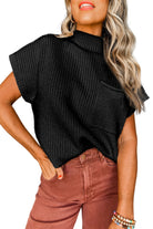 Women's SweatersBlack Patch Pocket Ribbed Knit Short Sleeve Sweater - VacationGrabs