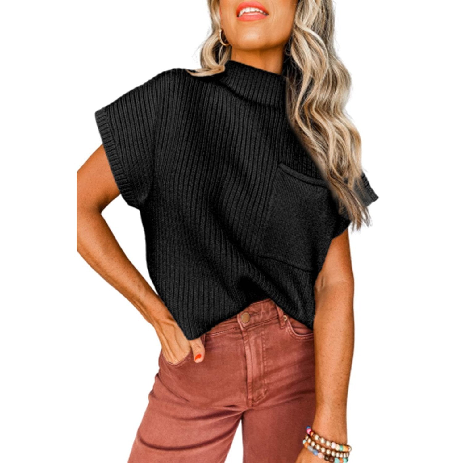 Black Patch Pocket Ribbed Knit Short Sleeve Sweater - VacationGrabs
