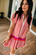 Floral Geometric Colorblock Ruffle Hem Dress