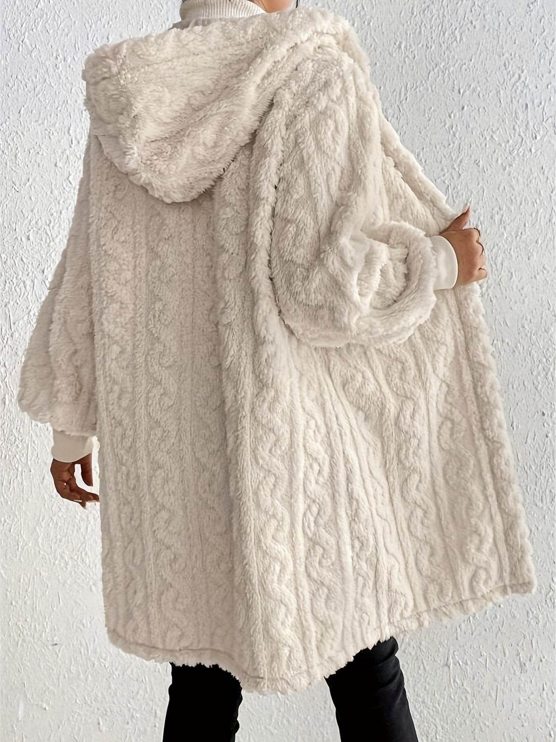 Open Front Long Sleeve Fuzzy Hooded Jacket - VacationGrabs