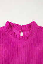 Solid Textured Ruffle Trim Short Sleeve Blouse