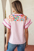 Boho Contrast Trim Patchwork Tiered Short Sleeve Blouse