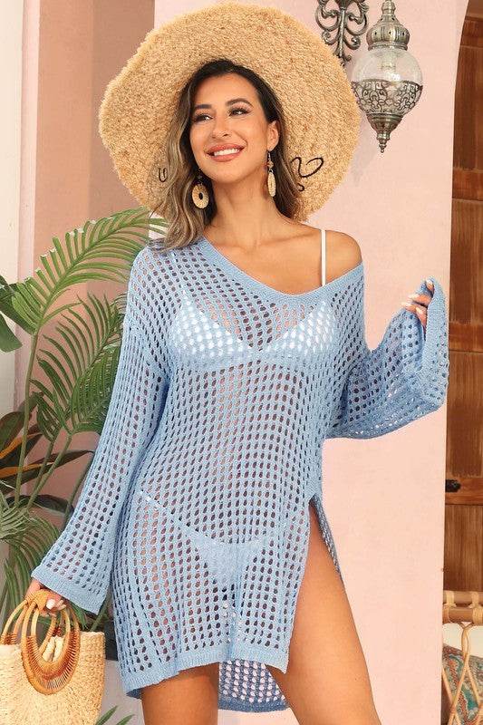 Crochet Side Split Beach Coverups Swimwear Dress - VacationGrabs