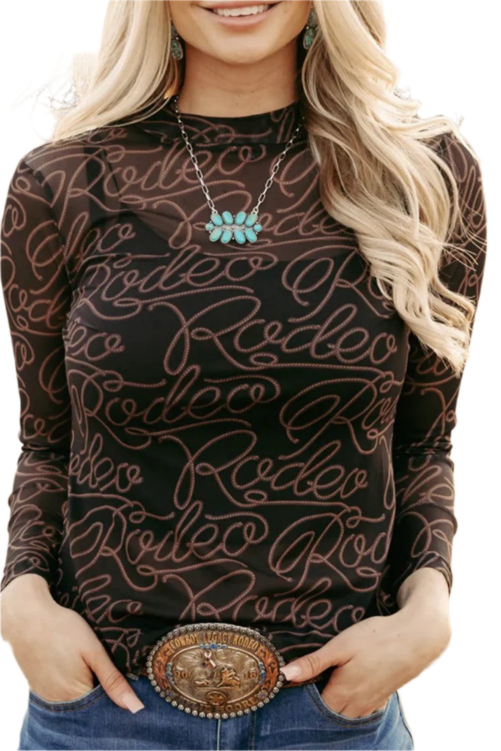 Women's ShirtsBlack Western Rodeo Printed Mock Neck Long Sleeve Mesh Top - VacationGrabs