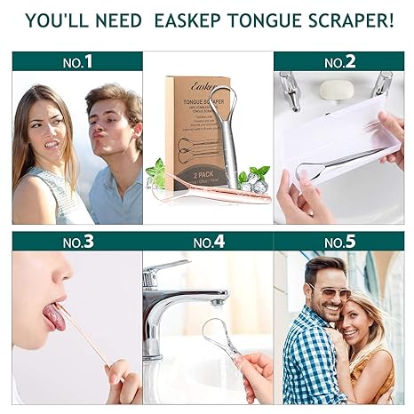 VacationGrabs tongue scraper 2 pack for oral hygiene shown with usage steps and happy couple