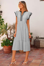 Stripe Contrast V-Neck Flutter Sleeve Midi Dress