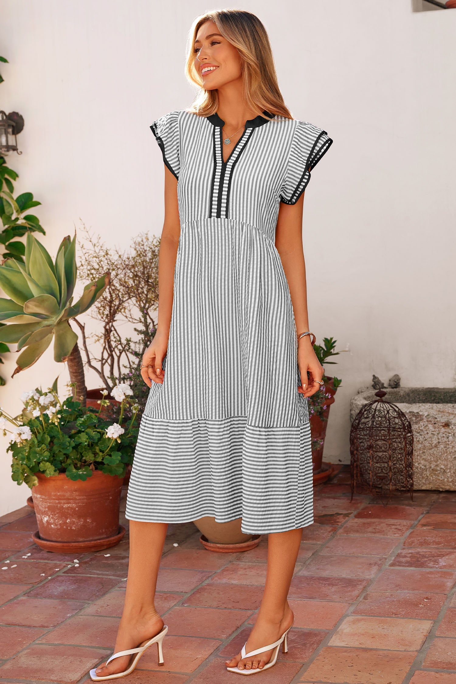 Stripe Contrast V-Neck Flutter Sleeve Midi Dress