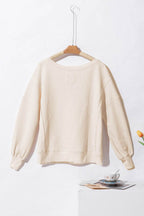 White Waffle knit Bishop Sleeve Split Oversized Top - VacationGrabs