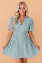 Solid Textured Zip Up V-Neck Mini Dress
