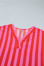 Stripe V-Neck Cuffed Sleeve Split Midi Dress