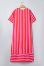 Stripe V-Neck Cuffed Sleeve Split Midi Dress