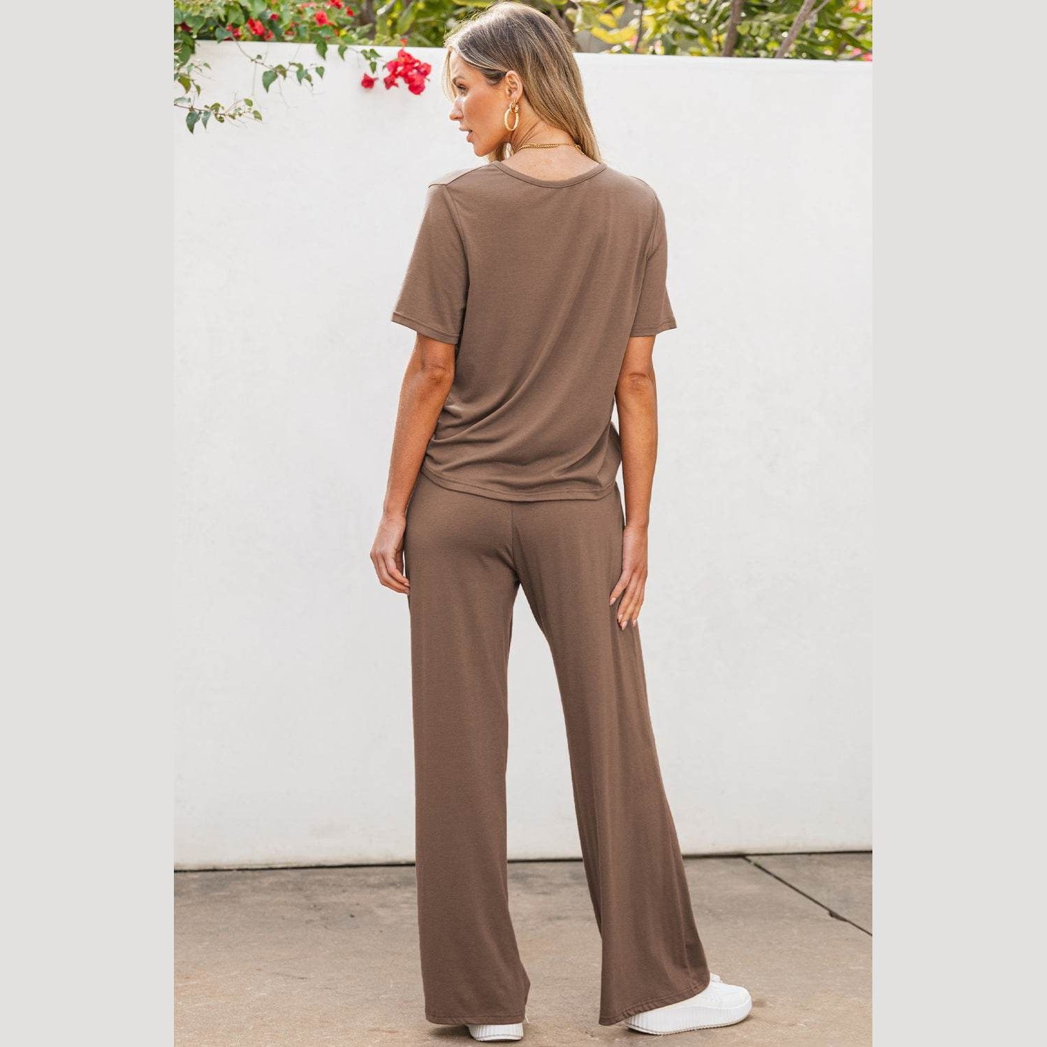 Smoke Gray Solid Color T Shirt 2pcs Wide Leg Pants Set - VacationGrabs
