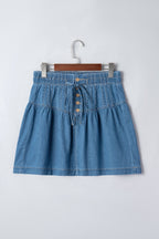 Denim Half Button Pleated Drawstring Mini Skirt