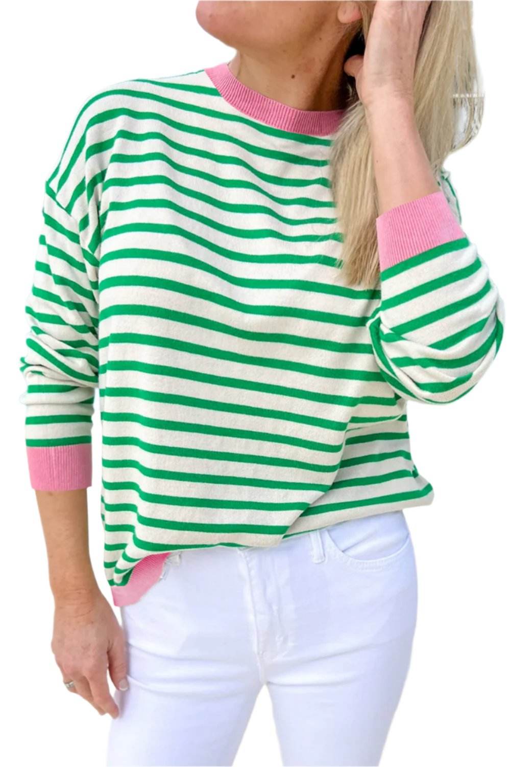 Bright Green Striped Contrast Edge Long Sleeve Top - VacationGrabs