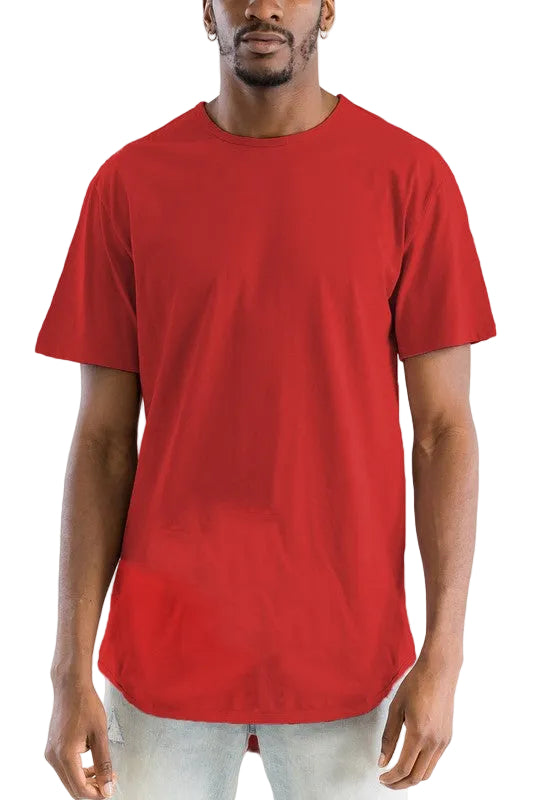 Person wearing a red t-shirt on a white background