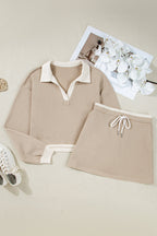 Colorblock Raw Edge Pullover and Drawstring Skirt Set
