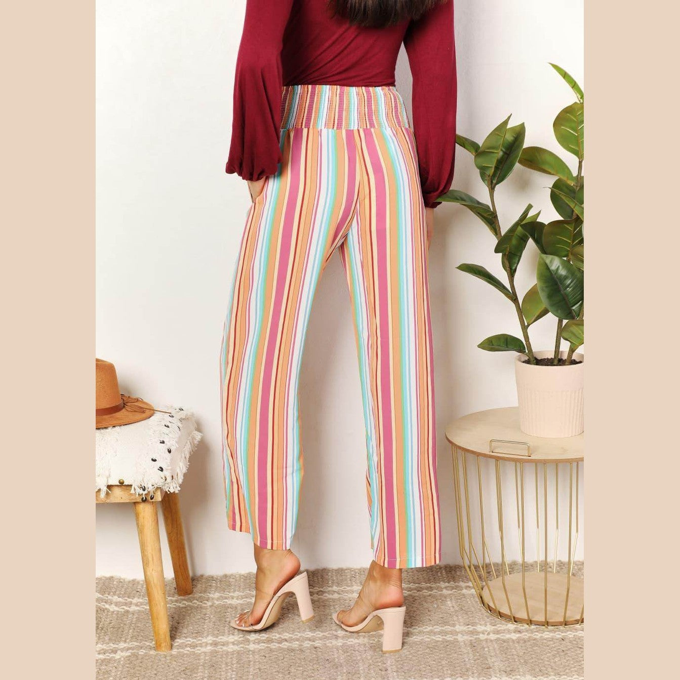 Double Take Striped Smocked Waist Pants with Pockets - VacationGrabs