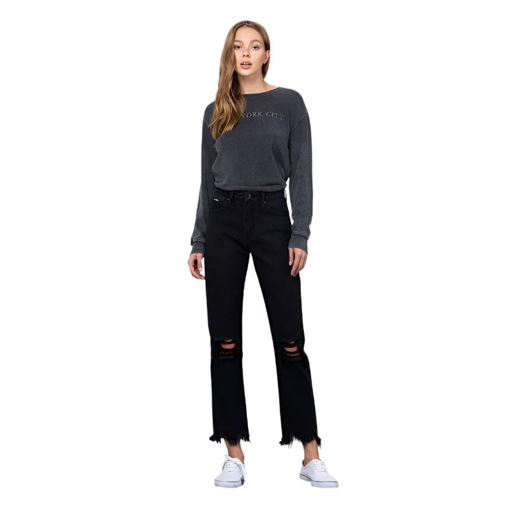 Insane Gene edgy straight leg jeans in black with distressed details and frayed hems, perfect for trendy outfits