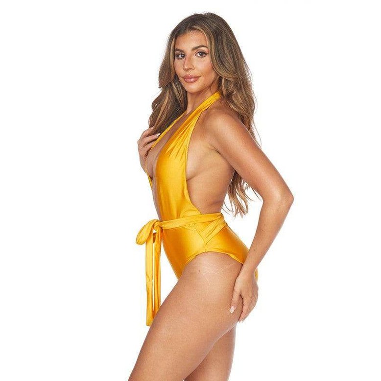 Swimwear - One Piece Criscross Halter Neckline Waist Wrap - VacationGrabs
