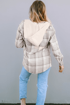 Khaki Plaid Removable Hood Buttoned Shacket - VacationGrabs