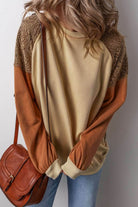Khaki Lace Patchwork Colorblock Sweatshirt - VacationGrabs