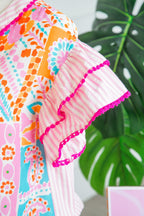 Boho Contrast Trim Patchwork Tiered Short Sleeve Blouse