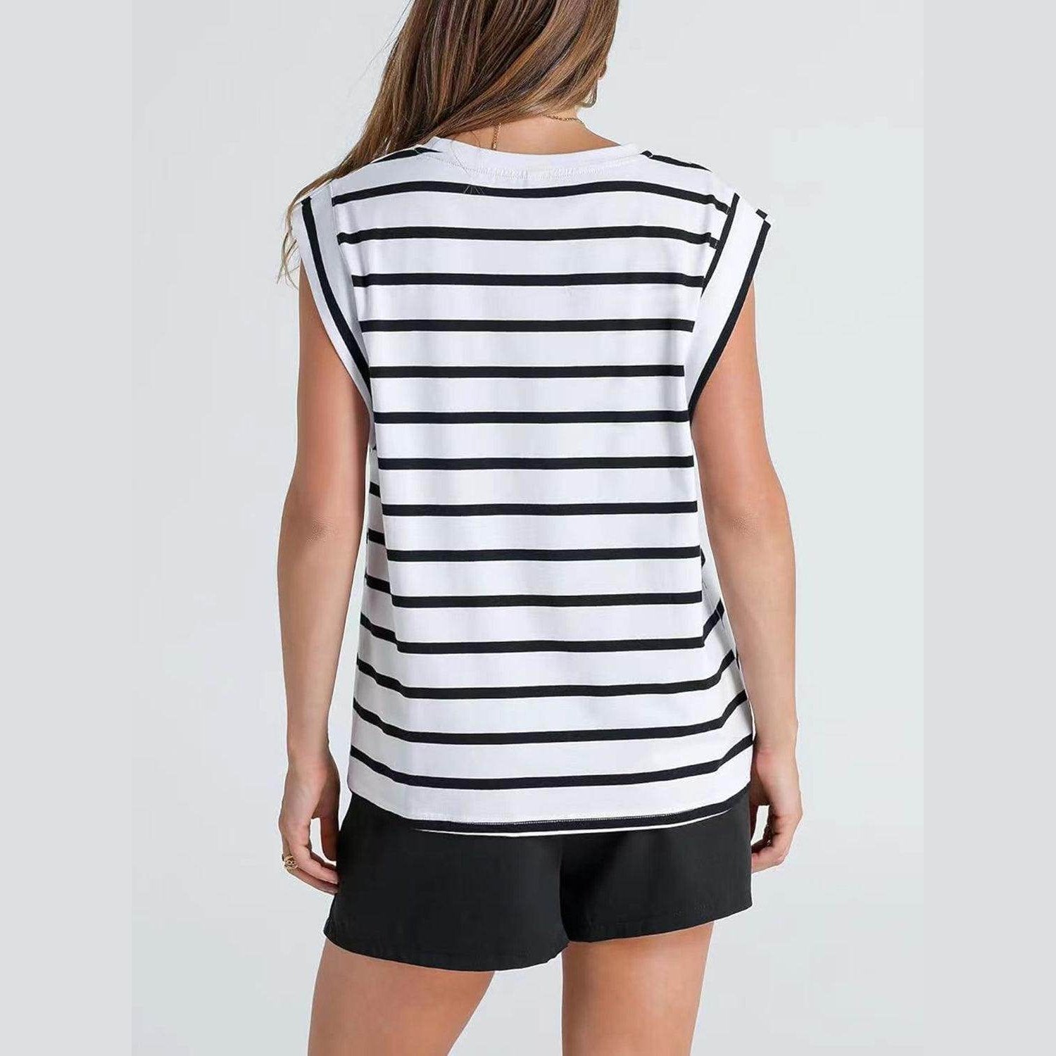Striped Round Neck Cap Sleeve T-Shirt - VacationGrabs