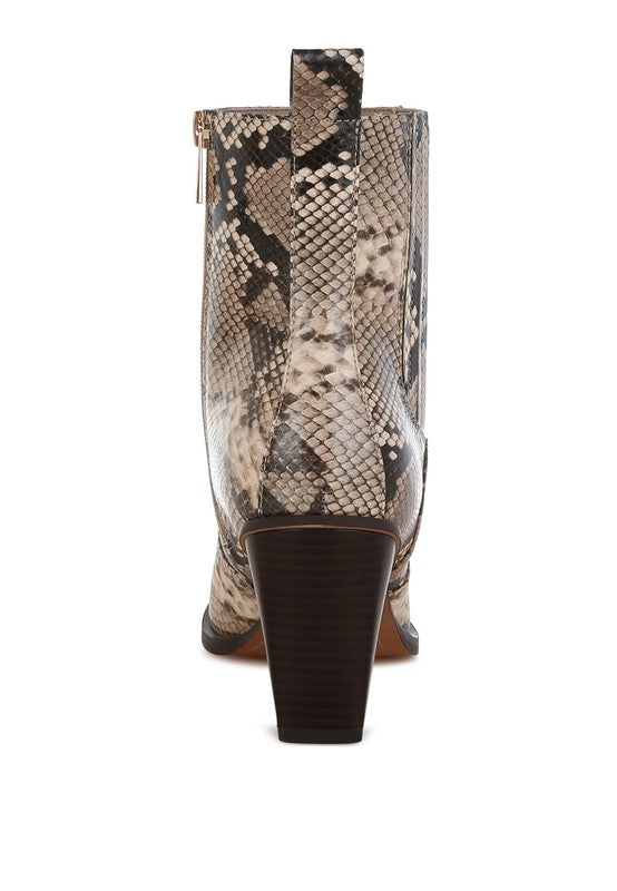 Rag Company stylish vacation ankle boots featuring a trendy snakeskin pattern and a chic block heel