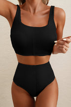 Colorblock Corded Top & High Waist Bikini Set