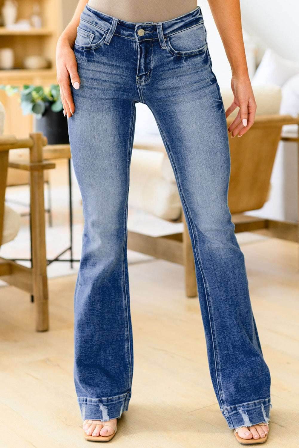 Sky Blue Slight Distressed Medium Wash Flare Jeans - VacationGrabs