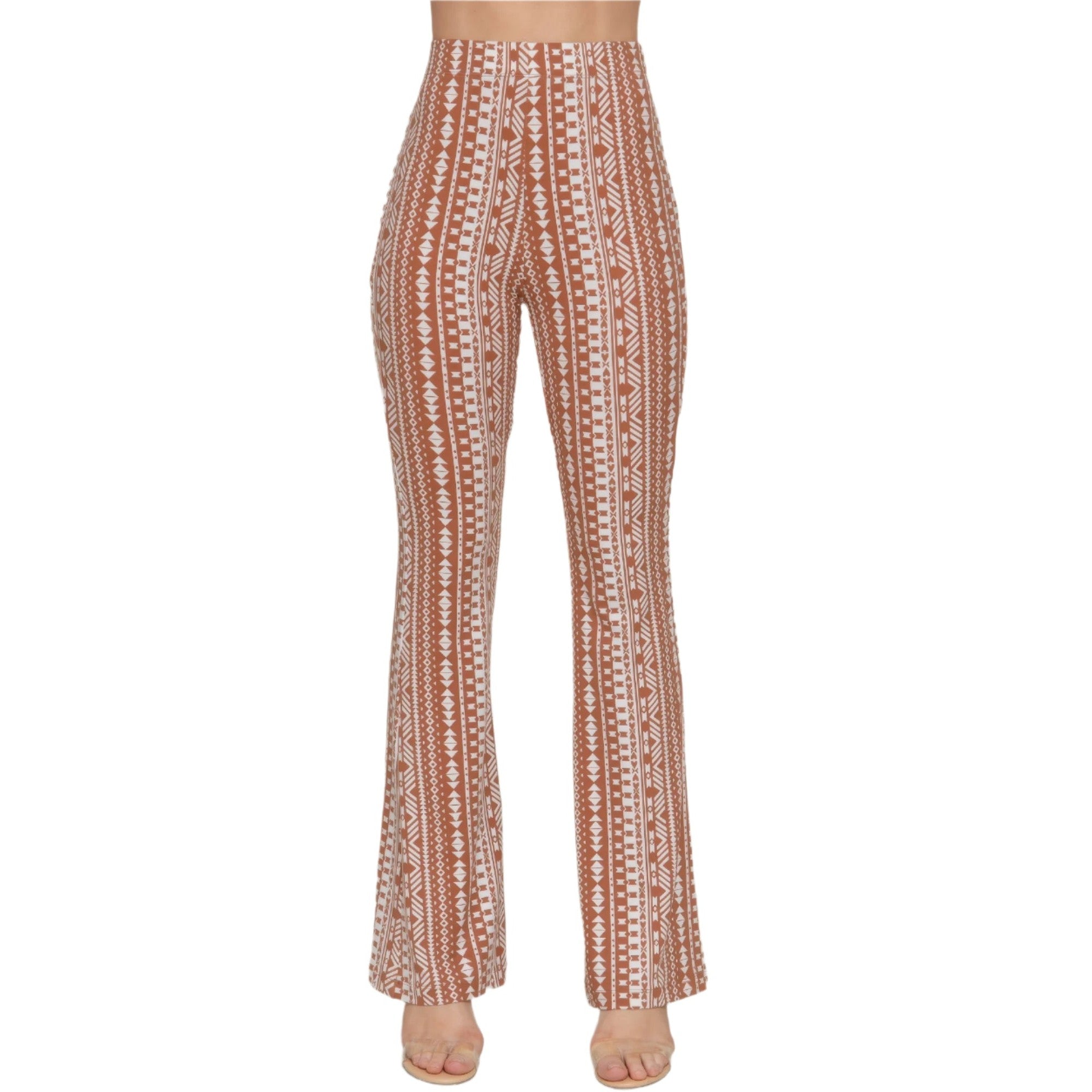VacationGrabs elastic waist boho pants for women with brown and white geometric patterns
