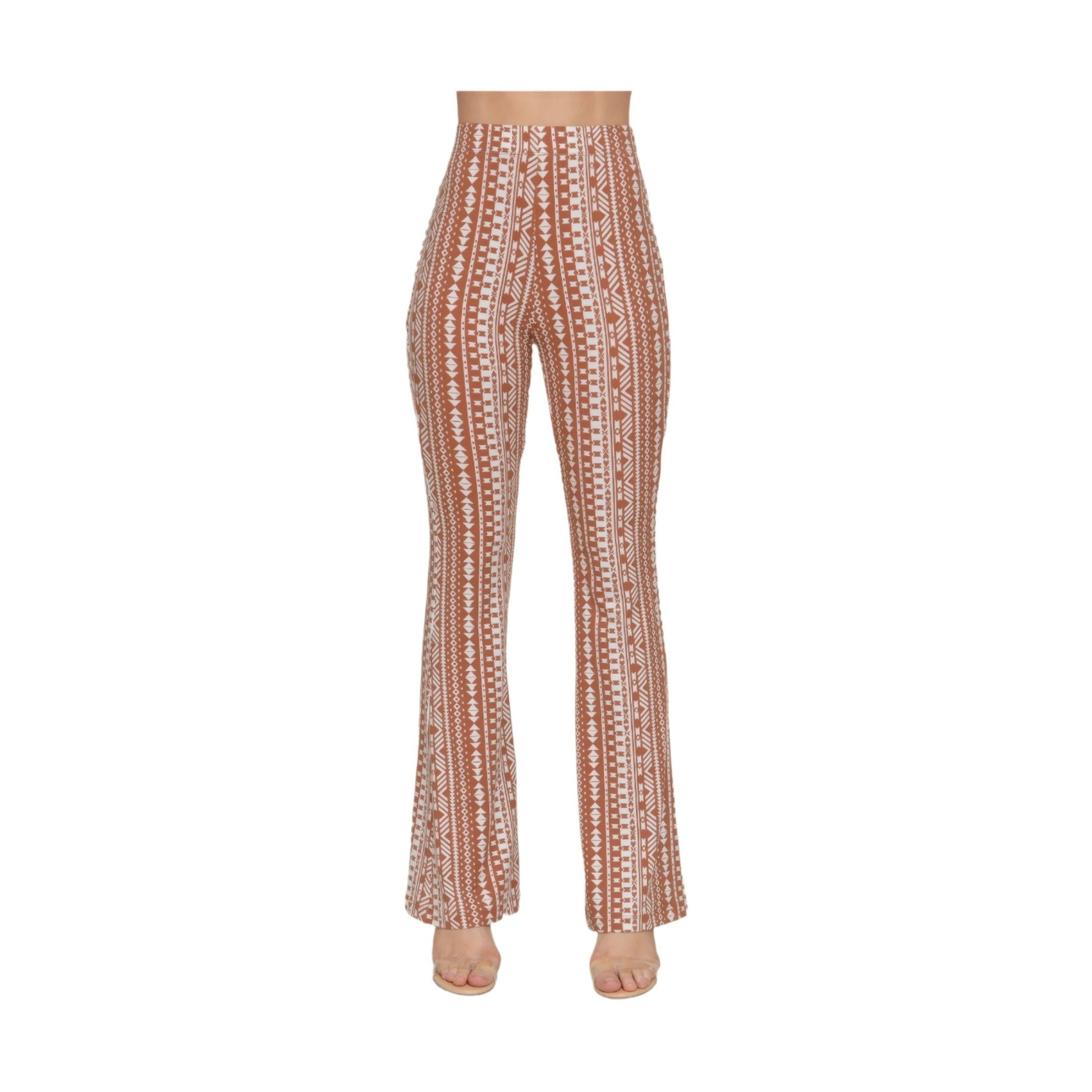 VacationGrabs elastic waist boho pants for women with brown and white geometric patterns