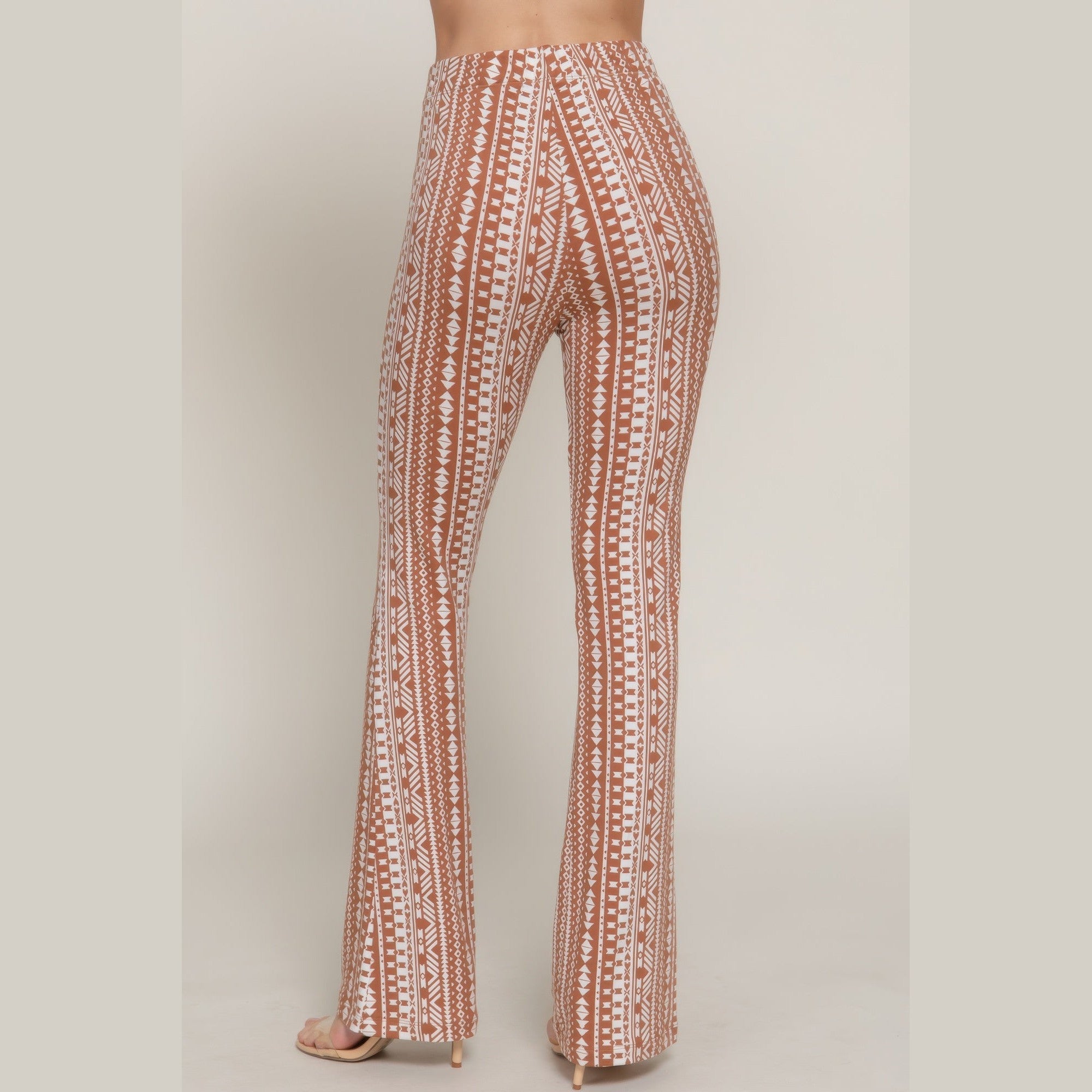 VacationGrabs elastic waist boho pants for women with brown and white tribal pattern and flared legs