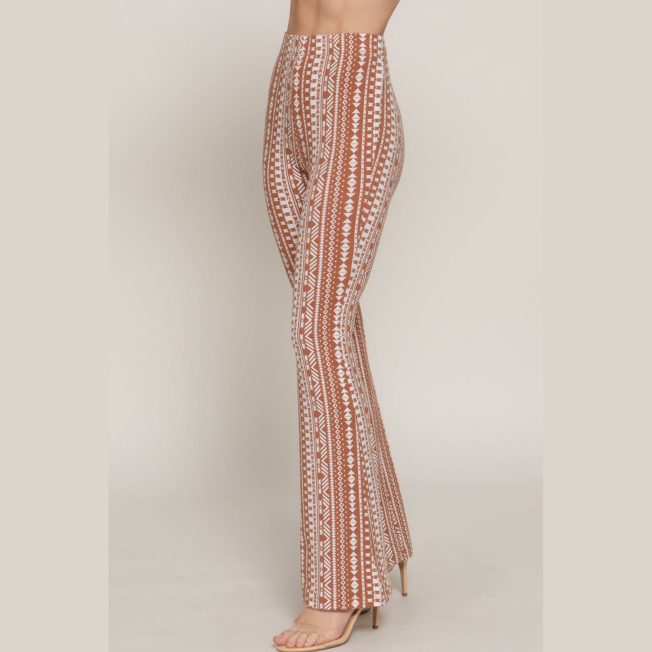 Women's elastic waist boho pants for women with brown and white tribal print design