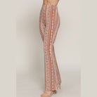 Women's elastic waist boho pants for women with brown and white tribal print design