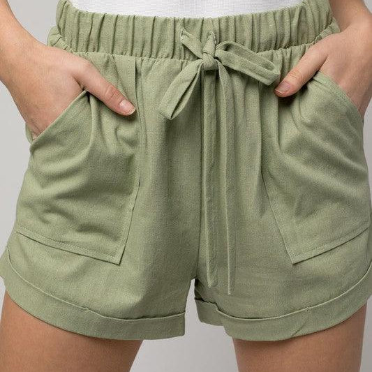 Women's Shorts Elastic Waist Front Pocket Roll-Up Shorts