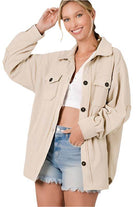 ZENANA Women's Elbow Patch Fleece Shacket in Beige with Button Front and Pockets