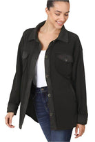 ZENANA women's elbow patch fleece shacket in black with front pocket and relaxed fit