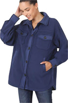 ZENANA Women's Navy Elbow Patch Fleece Shacket with Front Pockets and Button Closure