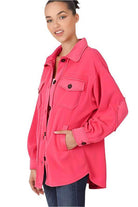 Pink Women's ZENANA elbow patch fleece shacket with front pockets and button closure