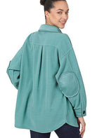 Women's ZENANA elbow patch fleece shacket in teal color with a relaxed fit and cozy style