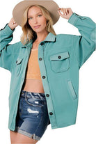 ZENANA elbow patch fleece shacket in teal color with button closures and front pockets