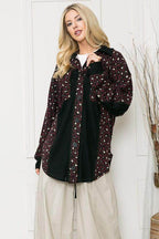 Women's elbow patch shacket shirt in burgundy and black with a stylish design from Orange Farm Clothing