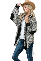Women's elbow patch shacket shirt in leopard print with black accents and relaxed fit